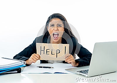 Young beautiful businesswoman feeling stressed at work asking for help Stock Photo