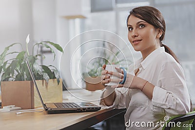 Charming young businesswoman working at her office Stock Photo