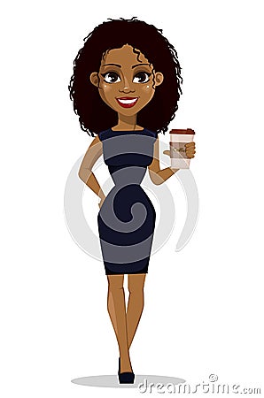 Young beautiful businesswoman in smart casual clothes holding coffee. Vector Illustration