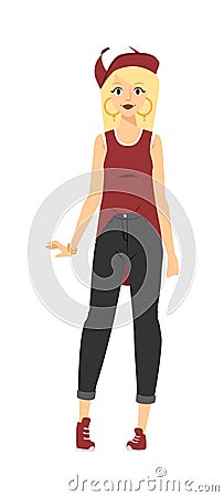 Young beautiful chubby rap girl in jeans with red lips and a red baseball cap style R&B character vector. Vector Illustration