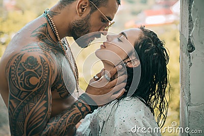 Young beautiful couple in love. Kissing couple. Trust him. Romantic and love. Sensual couple kiss. Stock Photo
