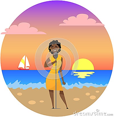 Young beautiful dark girl singing romantic song into microphone standing on beach during sunset Vector Illustration