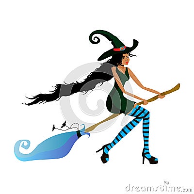 Young beautiful dark-skinned witch flies on a broom for a party or a sale. Dark-skinned girl in a witch costume for the Halloween Vector Illustration