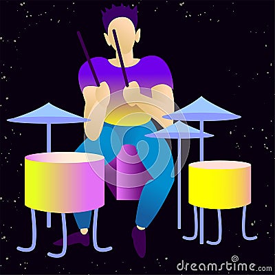 Young beautiful drummer. isolated vector illustration.rendy flat rock stars, pop, jazz, characters. Flat character cartoon Cartoon Illustration