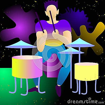 Young beautiful drummer. isolated vector illustration.rendy flat rock stars, pop, jazz, characters. Flat character cartoon Cartoon Illustration