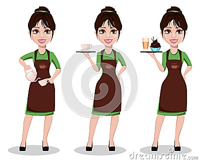 Young beautiful female barista in uniform Vector Illustration