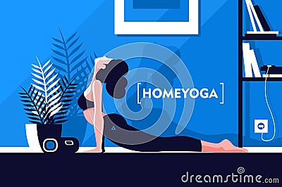 Young beautiful flexible girl doing yoga at home Vector Illustration