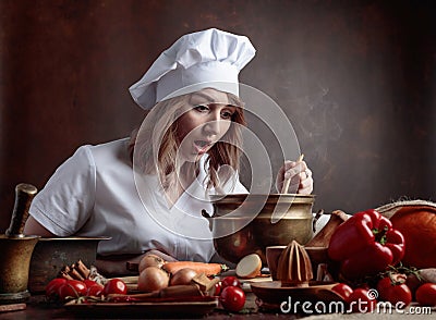 Young beautiful girl in a chef uniform with old brass pan and w Stock Photo