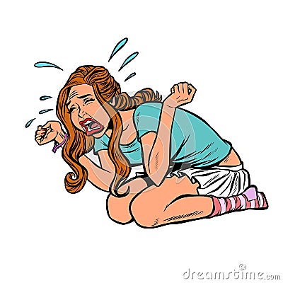 Young beautiful girl crying hysteria panic stress Vector Illustration