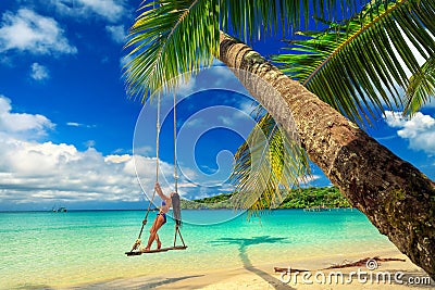 Young beautiful girl enjoy vacation on tropical paradise beach. Editorial Stock Photo