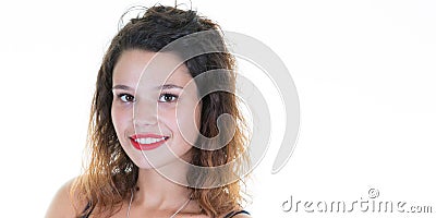 Young beautiful girl fac toothy smile with red lips isolated on white background Stock Photo