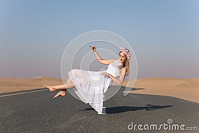 Young beautiful girl floating in the air. Stock Photo