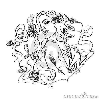 Young beautiful girl with flowers Cartoon Illustration