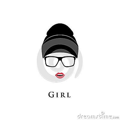 Young beautiful girl. Glasses, hat and with lipstick on a white background. Vector Illustration