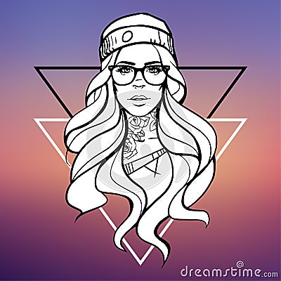 Young beautiful girl hipster with a tattoo on her neck, glasses and a hat on a blurred background with triangles. Cartoon Illustration