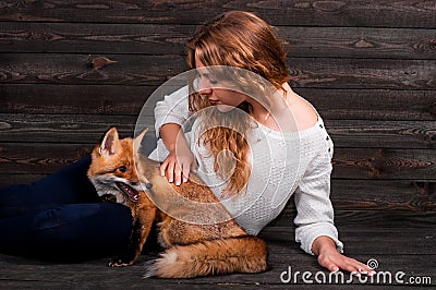 A young beautiful girl holding a wild fox animal that was traumatized by a man and rescued by her and now lives as before Stock Photo