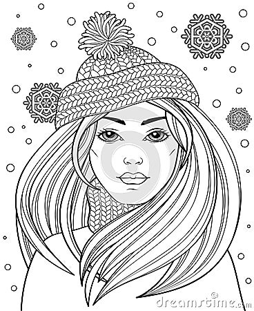 Young beautiful girl with long hair in knitted hat. Tattoo or adult antistress Vector Illustration