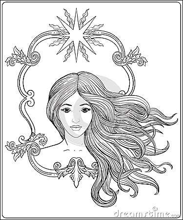 Young beautiful girl with long hair. Stock line vector Vector Illustration