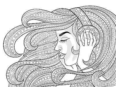 Young beautiful girl with long wavy hair listening to music in headphones. Tattoo or adult antistress coloring page. Black and whi Vector Illustration