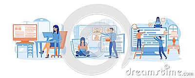 Young beautiful girl programmer behind a laptop and a computer writes a code. Programming courses. Vector Illustration