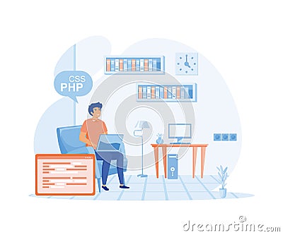 Young beautiful girl programmer behind a laptop and a computer writes a code. Vector Illustration