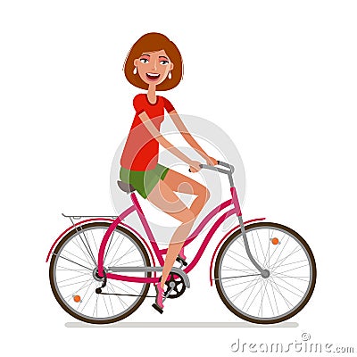 Young beautiful girl riding bicycle. Sport, fitness, active lifestyle symbol. Cartoon vector illustration Vector Illustration