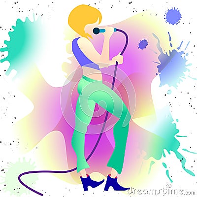 Young beautiful girl sings a song into the microphone. isolated illustration Cartoon Illustration