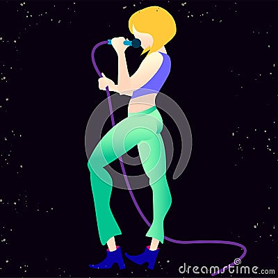 Young beautiful girl sings a song into the microphone. isolated illustration Cartoon Illustration