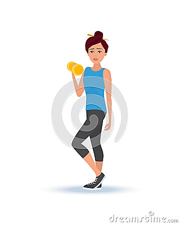 Girl in summer sportswear, engaged in weight lifting, raises dumbbells. Vector Illustration