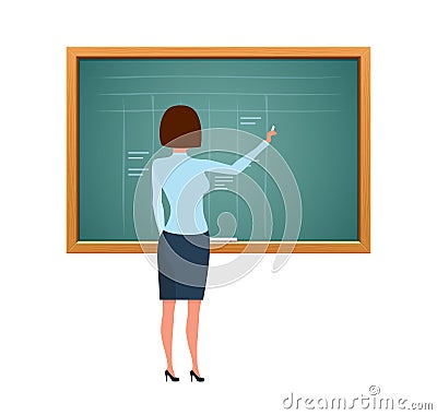 Beautiful girl teacher, with document near educational wooden blackboard. Vector Illustration