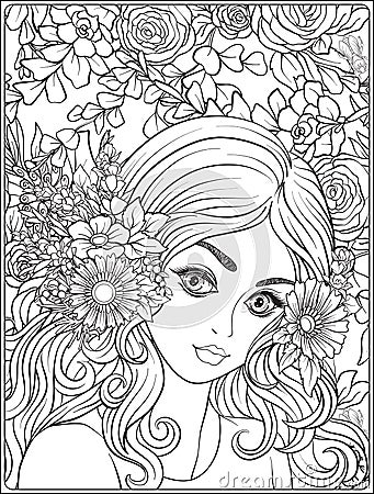 A young beautiful girl with a wreath of flowers on her head. Vector Illustration