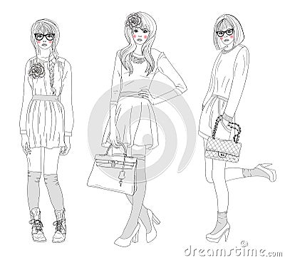 Young beautiful girls fashion illustration Vector Illustration