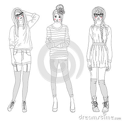 Young beautiful girls fashion illustration Vector Illustration