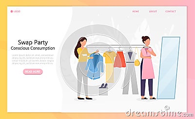 Young beautiful girls at a swap party or flea market. Conscious consumption. Active life position. Clothes donation. Eco Vector Illustration