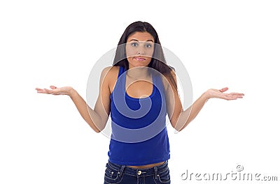 Young beautiful hispanic woman in casual top and jeans looking lost and confused Stock Photo