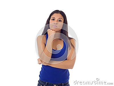 Young beautiful hispanic woman in casual top and jeans looking lost and confused Stock Photo