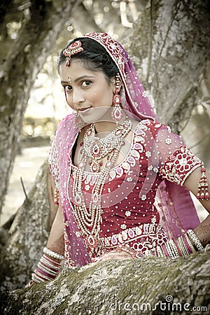 Young beautiful Indian Hindu bride standing under tree Stock Photo