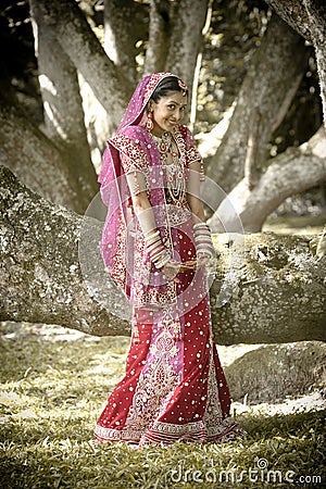 Young beautiful Indian Hindu bride standing under tree Stock Photo