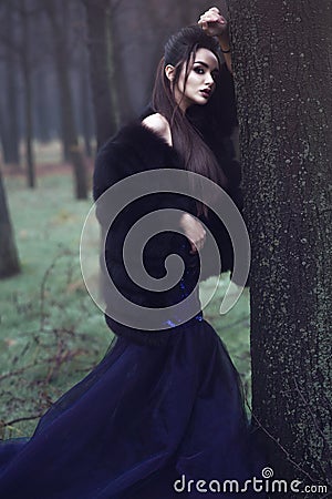 Beautiful lady in luxurious sequin evening dress and sable fur coat standing in the mysterious misty woods Stock Photo