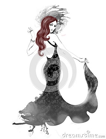 Young beautiful lady wearing black lace evening dress Cartoon Illustration