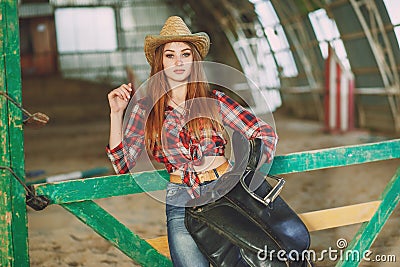 Girl in the barn Stock Photo