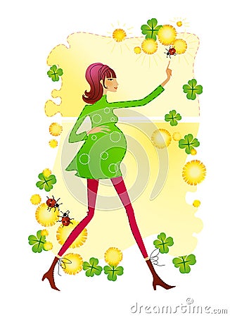 Young beautiful pregnant woman on a background of spring leaves of a happy clover, dandelion flowers and ladybirds. Raster Cartoon Illustration