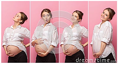 Young beautiful pregnant woman standing on pink background Stock Photo