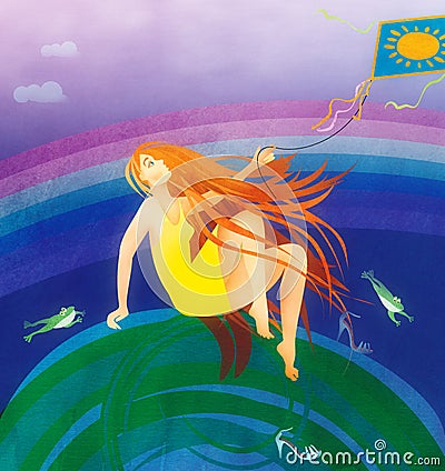 Young beautiful red-haired girl sitting on the lawn launches a kite. Cartoon Illustration