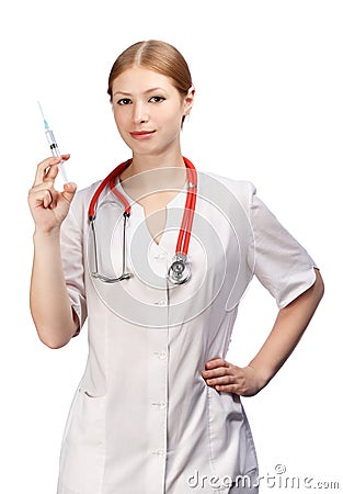 Young beautiful smiling female doctor in white smock with red st Stock Photo