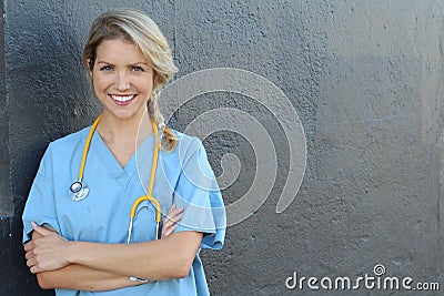 Young beautiful successful female doctor with stethoscope - portrait with copy space Stock Photo