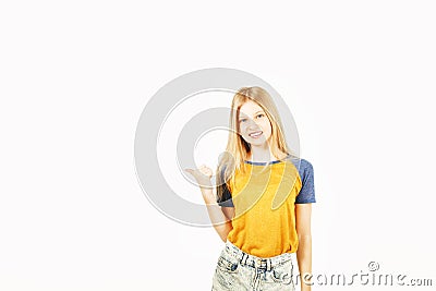 Young beautiful teenager model girl posing over white isolated background showing emotional facial expressions. Stock Photo