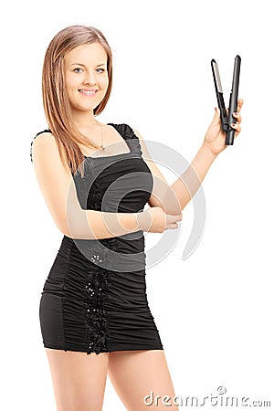 https://thumbs.dreamstime.com/x/young-beautiful-woman-black-dress-holding-hair-straightener-isolated-white-background-33679395.jpg