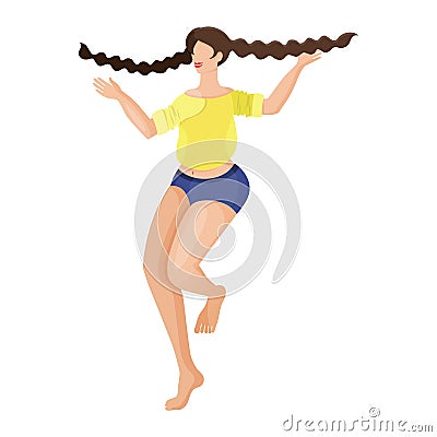 Young beautiful woman with braids in denim shorts whirls in dance Vector Illustration