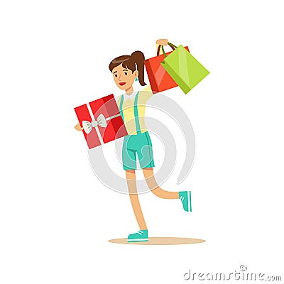 Young beautiful woman in a casual clothes with gift box and shopping bags colorful character vector Illustration Vector Illustration